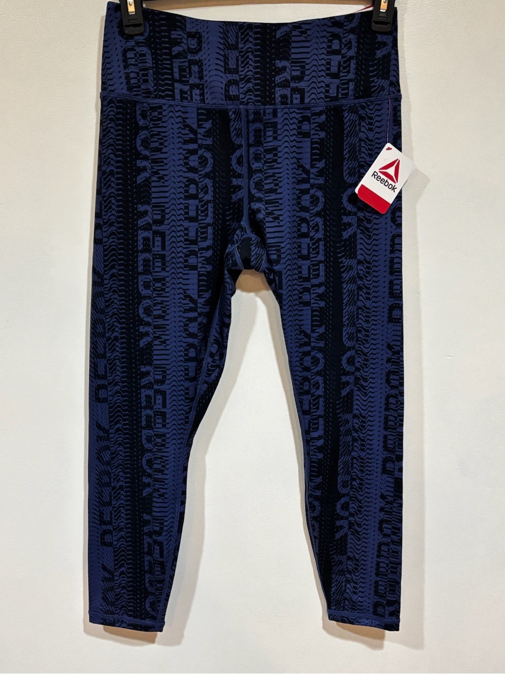 NWT Reebok Fierce High Rise Leggings Womens L Deep Cobalt Blue Graphic Print 7/8